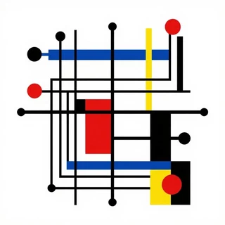Composición geométrica de líneas negras, nodos y bloques de color primario que se cruzan sin llegar a conectarse
