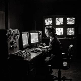 Fotografía en blanco y negro de una operadora sola frente a consolas y monitores encendidos en una sala a oscuras