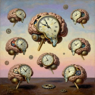 Ocho cerebros anatómicos con relojes derretidos incrustados, flotando sobre un horizonte pálido en una composición surrealista