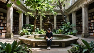 Persona leyendo un libro sentada en el borde de una fuente de piedra, en el patio interior de una biblioteca rodeado de columnas, estanterías y vegetación tropical