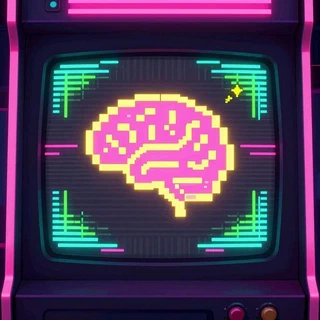 Cerebro dibujado en pixel art rosa y amarillo sobre la pantalla de una máquina de arcade, rodeado de barras de datos en verde y celeste fluorescente