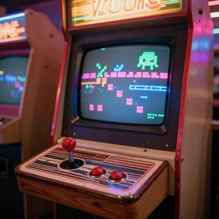Máquina de arcade de madera clara con marco rojo y monitor CRT encendido, con un juego de bloques en colores fluorescentes, palanca roja y dos botones, en un salón en penumbras