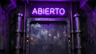 Puerta acorazada de metal remachado, flanqueada por pistones hidráulicos y cañerías, iluminada en violeta bajo un cartel de neón que dice ABIERTO
