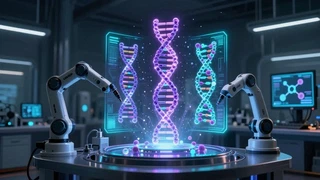 Dos brazos robóticos frente a una plataforma de laboratorio que proyecta hélices de ADN holográficas en violeta y cian, rodeadas de paneles de datos