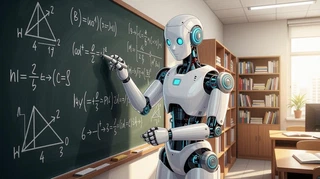 Robot blanco de aspecto amable escribiendo fórmulas y triángulos con tiza en el pizarrón de un aula, con biblioteca y ventana al fondo