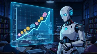 Robot humanoide frente a una pantalla holográfica con un gráfico ascendente hecho de monedas y cerebros, en un aula nocturna con estudiantes de espaldas