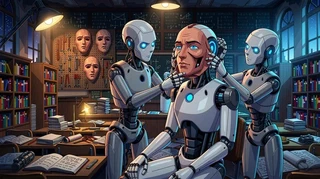 Tres robots en un taller; el del centro tiene puesta una máscara de rostro humano que los otros dos le ajustan, con más máscaras colgadas en el panel del fondo