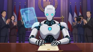 Robot humanoide blanco sentado a un escritorio de madera firma un documento con lapicera junto a un pergamino holográfico, mientras funcionarios de traje aplauden y un camarógrafo filma entre banderas