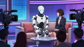 Robot humanoide sentado en el sillón de un estudio de televisión junto a una entrevistadora, frente a dos cámaras y un público de espaldas