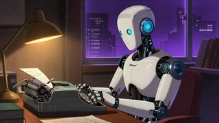 Un robot humanoide blanco escribe a máquina en un escritorio de madera, de noche, bajo la luz de un velador, con hojas sueltas alrededor y una ciudad iluminada al otro lado de la ventana