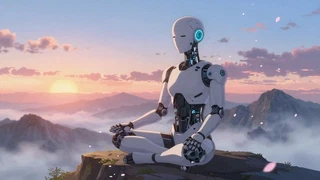 Un robot humanoide blanco, sentado en posición de loto sobre una roca y con los ojos cerrados, frente a un amanecer sobre un mar de nubes y montañas