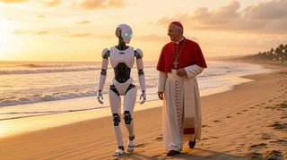 Un papa con muceta roja y un robot humanoide blanco caminan juntos por la orilla de una playa al atardecer