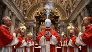 Un robot humanoide vestido con muceta roja y cruz pectoral, con las manos juntas, en el centro de una basílica barroca bajo un baldaquino del que sale humo blanco, rodeado de cardenales que aplauden sonrientes