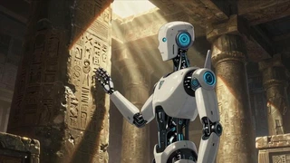 Un robot humanoide blanco apoya la mano sobre una columna cubierta de jeroglíficos en un templo egipcio en penumbra, bajo un haz de luz que entra desde el techo