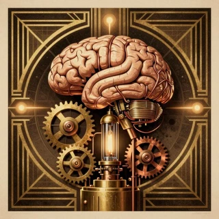 Cerebro anatómico conectado a engranajes de bronce y a una lámpara encendida, ilustración steampunk sobre una geometría art déco