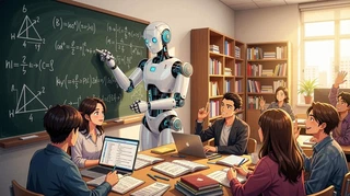 Un robot humanoide señala una pizarra llena de fórmulas en un aula, rodeado de estudiantes que discuten alrededor de una mesa con computadoras y apuntes