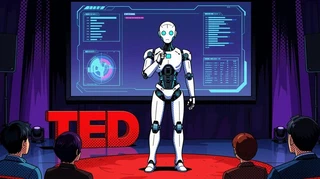 Un robot humanoide da una charla TED ante un público humano, con gráficos en pantalla detrás
