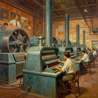 Mural de trabajadores operando grandes máquinas de cómputo en un taller, al estilo del muralismo latinoamericano